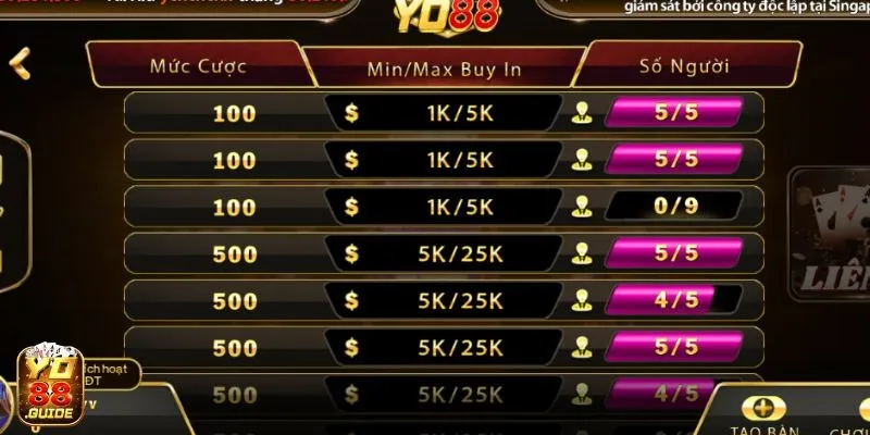 Bàn chơi Liêng đa dạng chỉ có duy nhất tại Yo 88