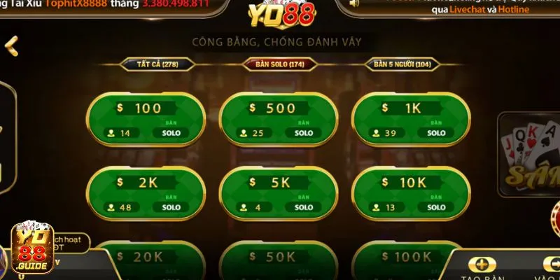 Các bàn chơi đa dạng tại game Sâm Lốc của Yo 88