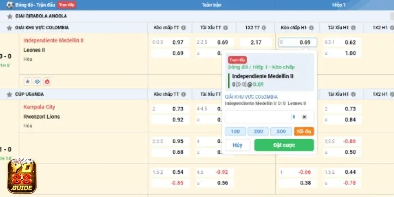 Chọn đặt cược tại kèo Chấp hiệp 1 Yo88