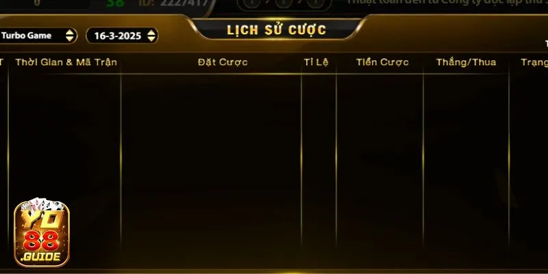 Lịch sử cược hiển thị số tiền đã cược tại Number Game