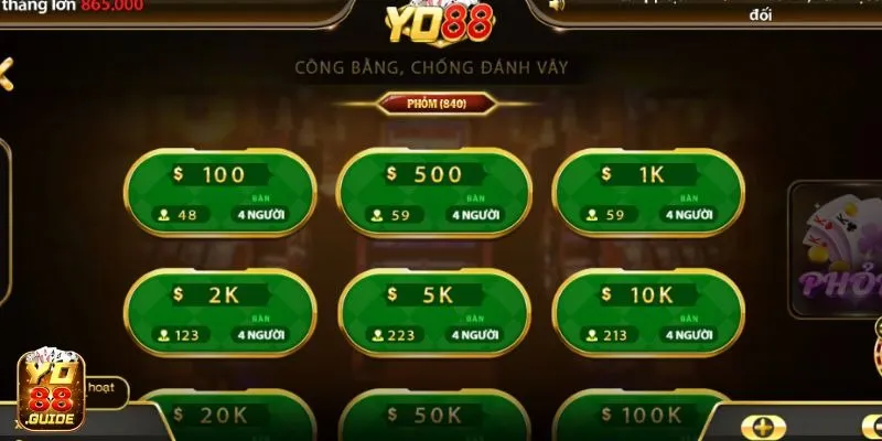 Phỏm tại Yo88 có đa dạng các mức tiền cược