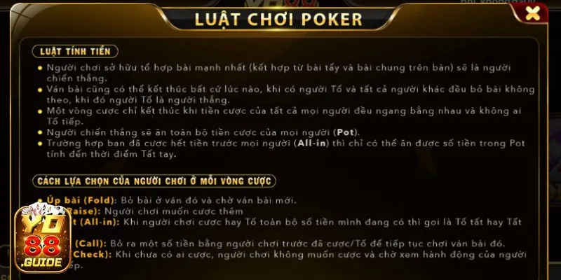 Quy luật tính tiền và lựa chọn tại Poker Yo88