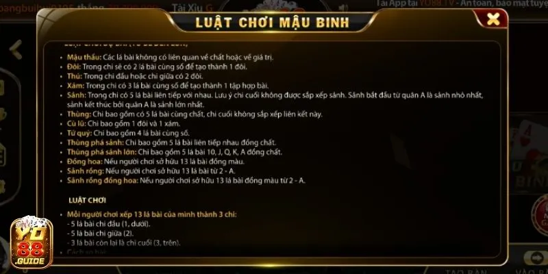 Luật chơi của game Mậu Binh hay tại Yo88