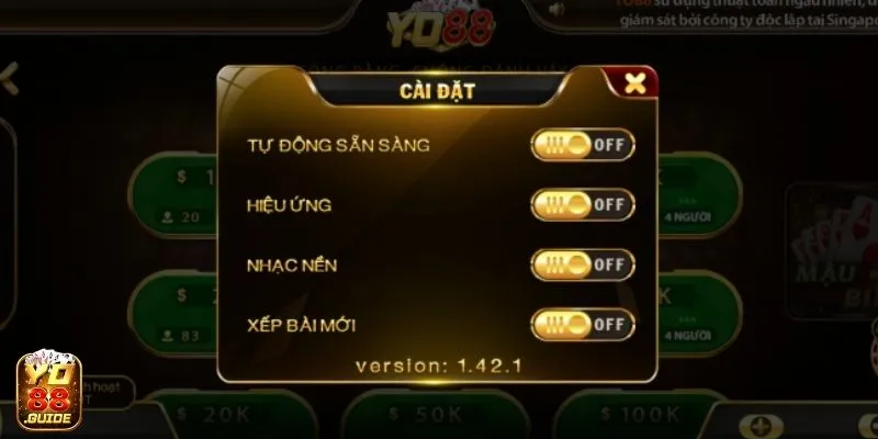 Tùy chỉnh tính năng cài đặt tại Mậu Binh game bài Yo88